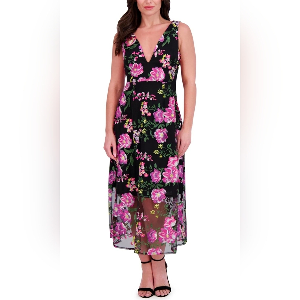Siena Women's Sleeveless V-Neck Embroidered Mesh A-line Maxi Dress(SIZE 4)